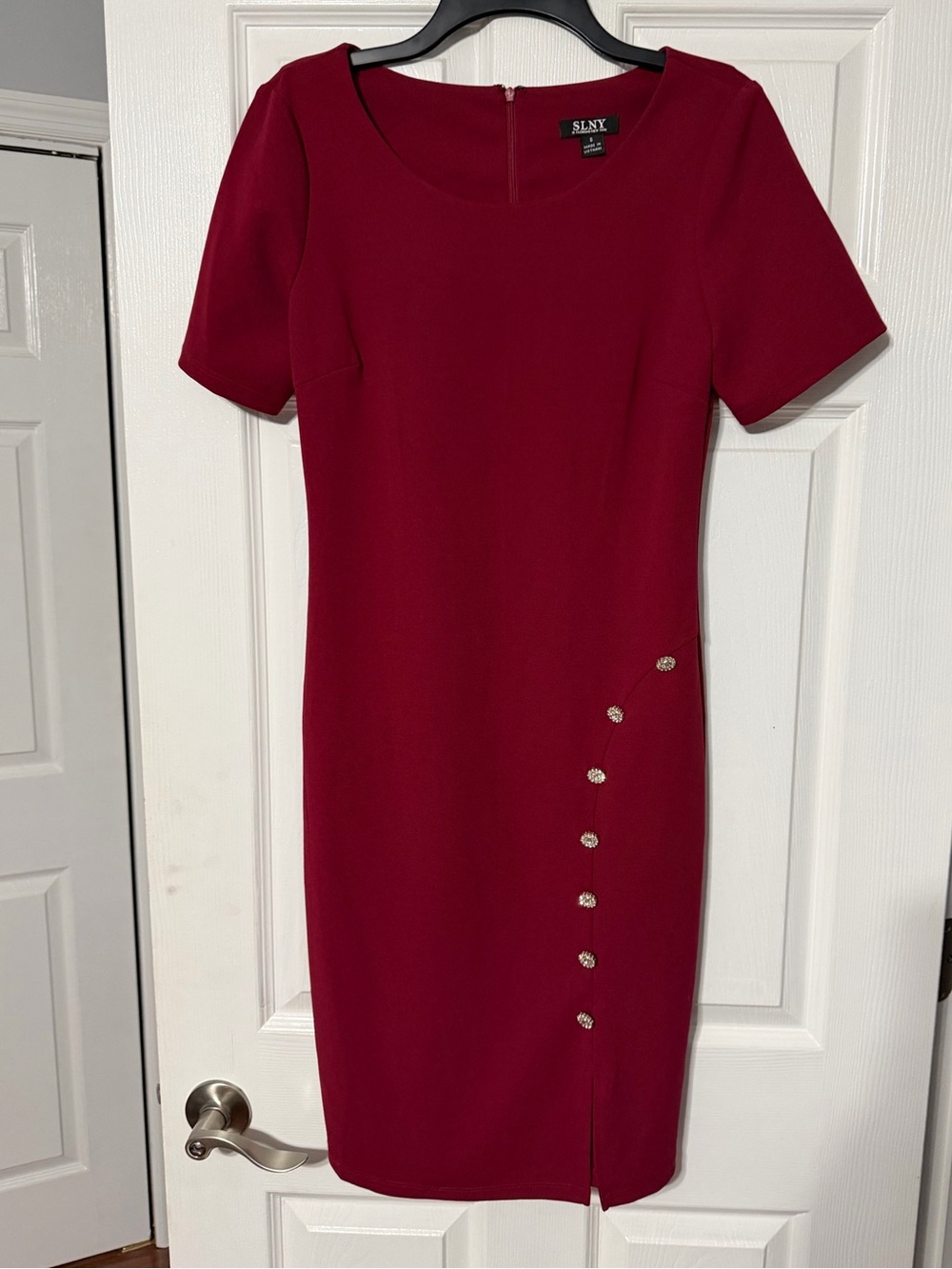 SLNY Crimson Midi Sheath Dress with Side Button Accents